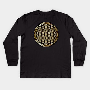 Flower of Life Sacred Geometry Gold Metal Kids Long Sleeve T-Shirt